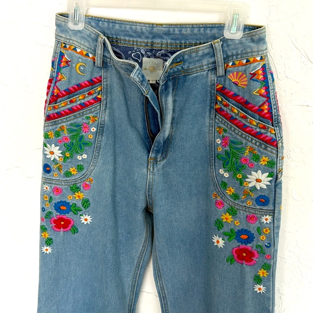 Spell Wanderlust Embroidered Denim Blue Jeans - Large